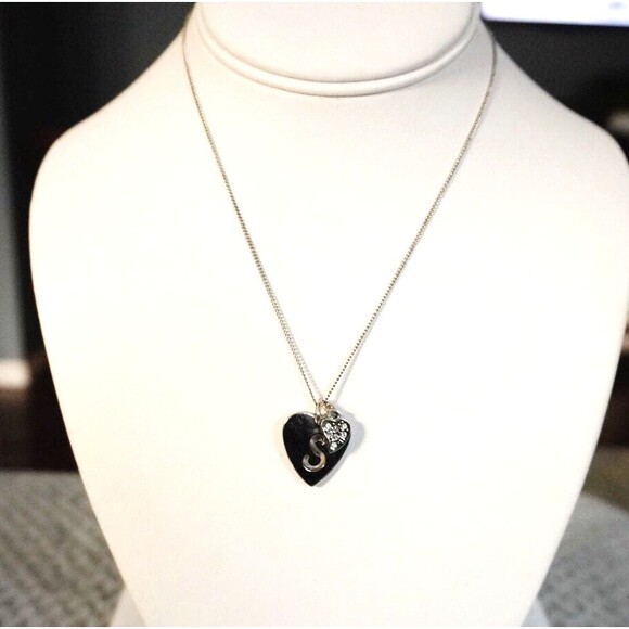 Double Heart Pendant Necklace "S" Initial Rhinestone Silver Tone - Picture 2 of 6